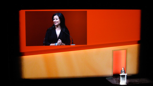 Tracey Ullman, host, welcomes the crowd to the CFDAs