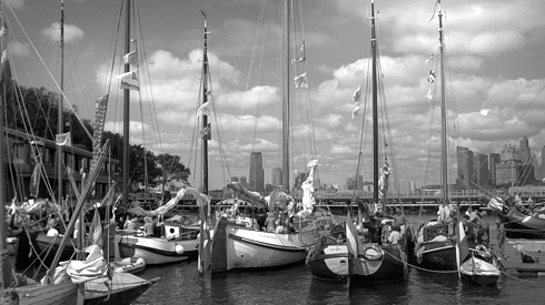 Pennants and masts in the harbor at Governor's Island