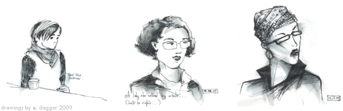 three drawings of people at the bar