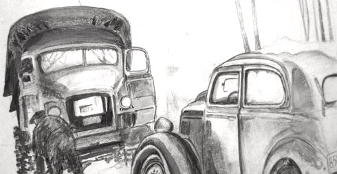 car stuck in snow, old photo