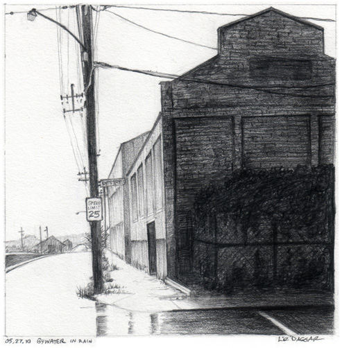 pencil drawing of a caorner of Bywater by Elizabeth Daggar