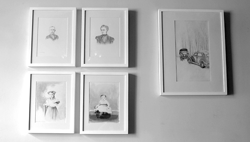 Cabinet card portrait drawings by E Daggar at Total Wine Bar, Brooklyn.