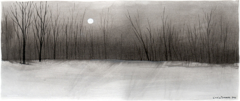 watercolor, ink, ink wash, snowscape with trees