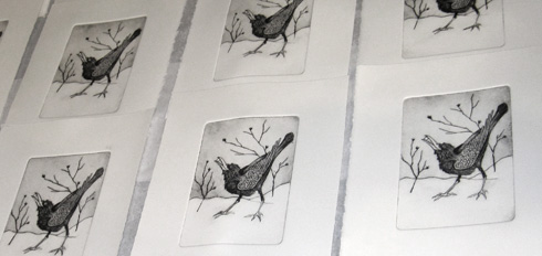 printmaking, drypoint print of crow