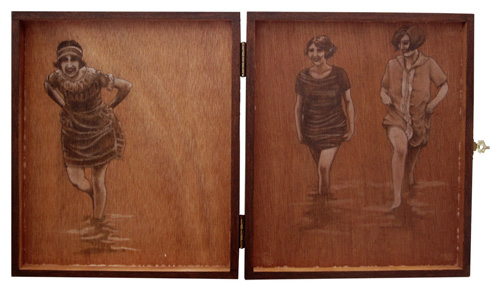 The Bathers: graphite & oil on wooden cigar box