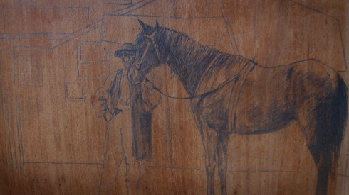 man with horse painting on panel; sketch phase