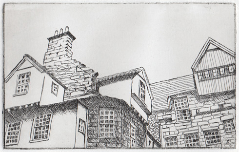 first proof line etching, Edinburgh rooftops