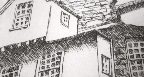 line etching first proof- close up of Edinburgh rooftops