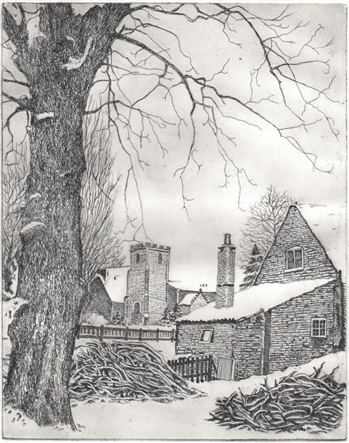 Tree and house in snow etching– first proof