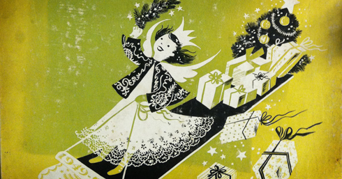 McCall_giftguide illustration of a girl delivering gifts on a sled from an old McCall Xmas gift guide