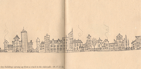 tiny, ink-rendered buildings