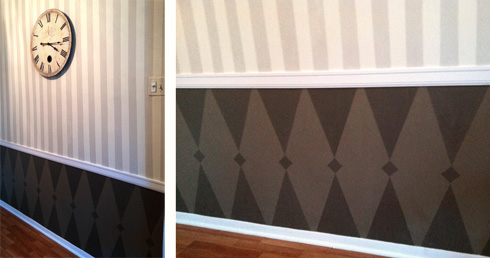 diamond pattern below chair rail- stripes above.