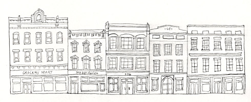 diminutive row of city buildings