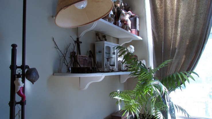 window, shelves, and lamp