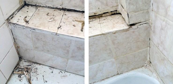 After attacking the offending grout / caulking: a right mess.