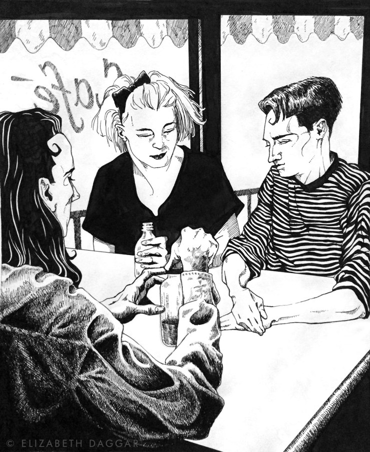 ink illustration of three friends