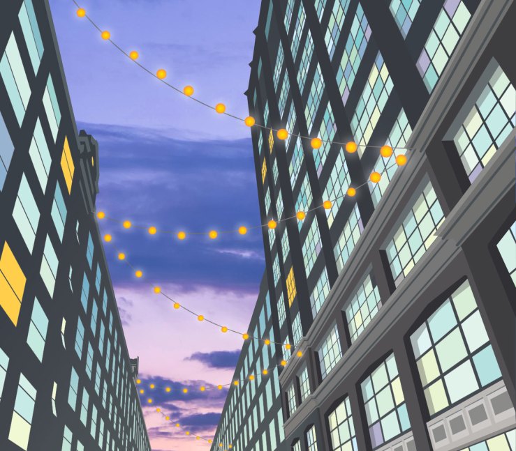 illustration of waterfront buildings at dusk