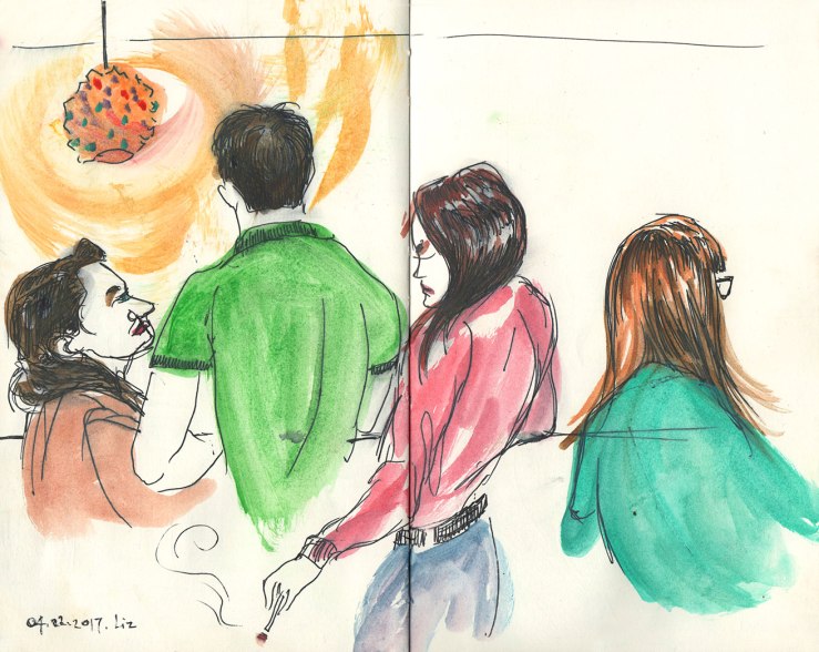 sketch of people in a bar