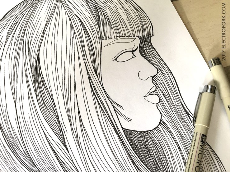 ink drawing of a woman with long hair