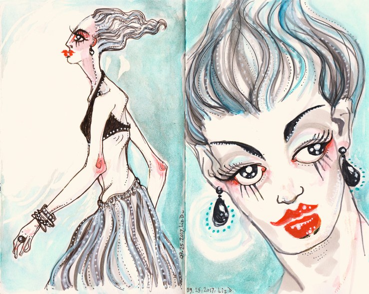 watercolor and marker sketch, fashion sketch