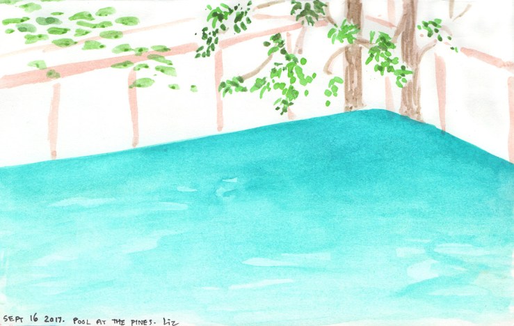 Pool and Pines in watercolor 