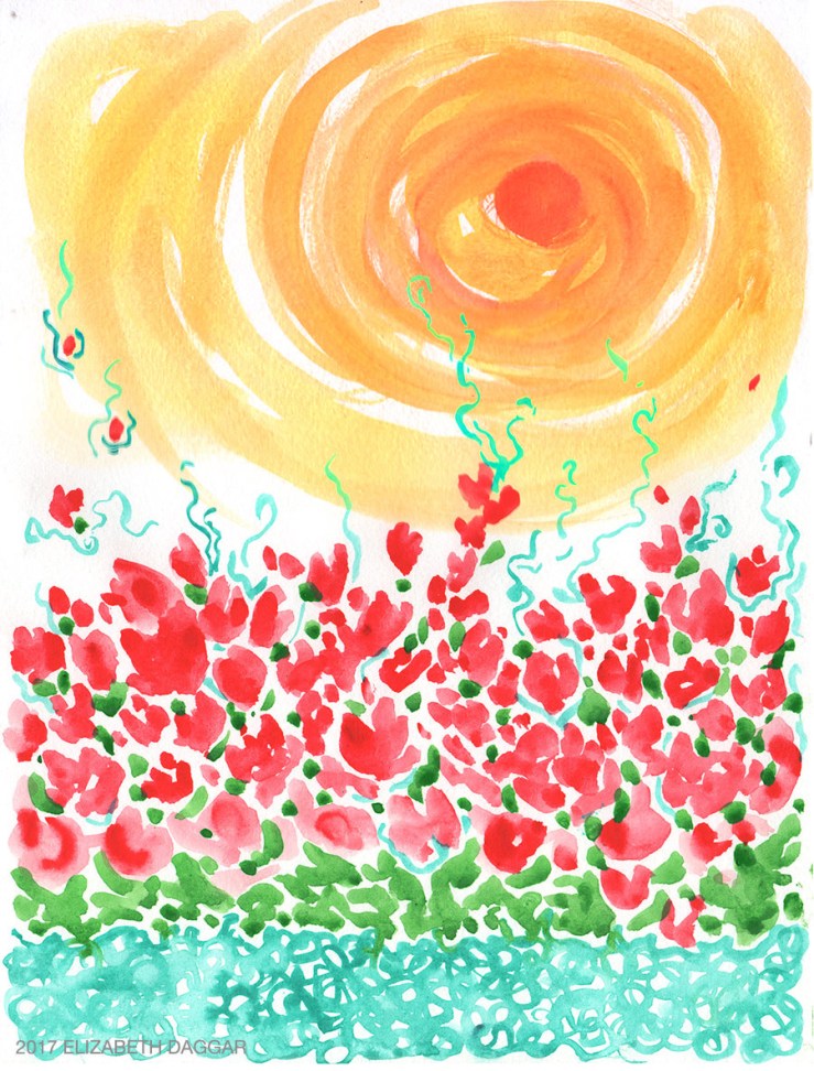 watercolor painting of poppies in sunlight