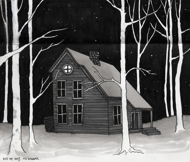 a house in a copse of trees (ink drawing)