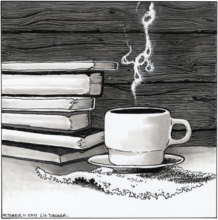 ink drawing of a cup of coffee and some books