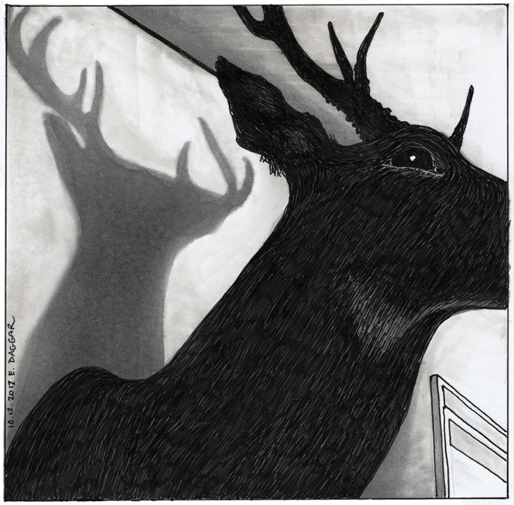 shadows of taxidermied deer )ink drawing)