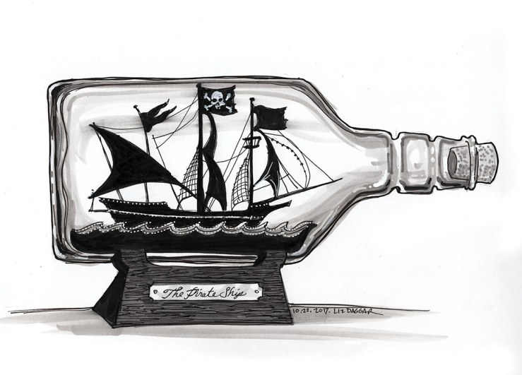 ink drawing of a ship in a bottle