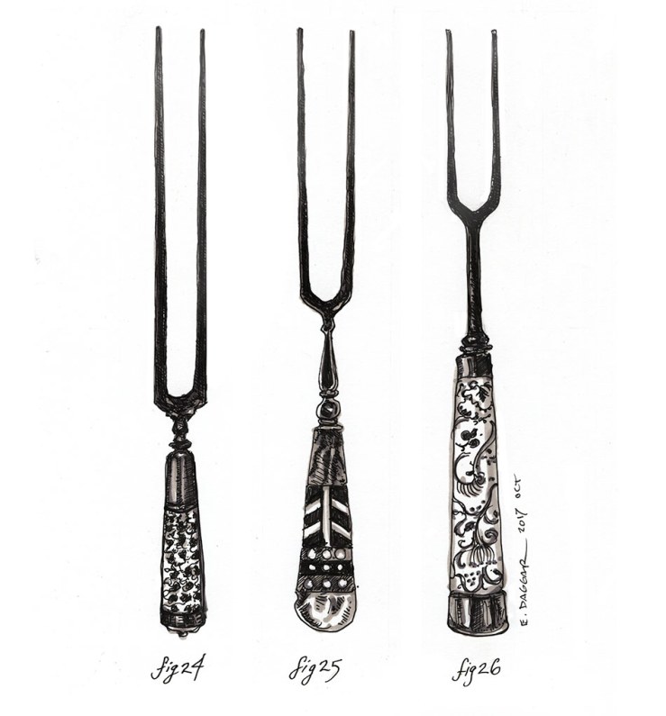 An array of ornate forks that’d belonged to his grandparents
