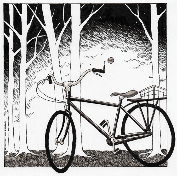 ink drawing of a bicycle in the woods