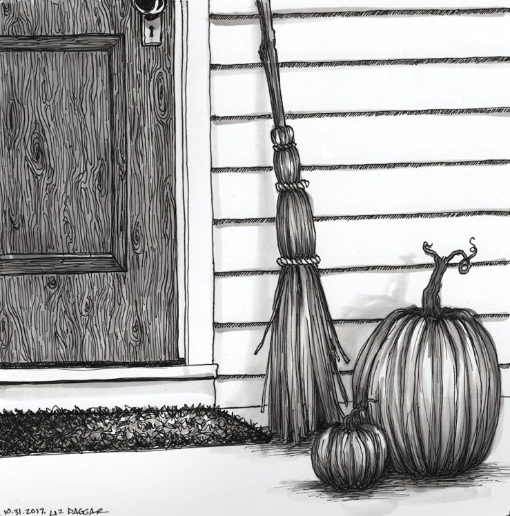 ink drawing of pumpkins on a porch