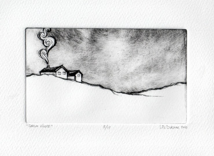 Dry-point on plexi print of a house insnow