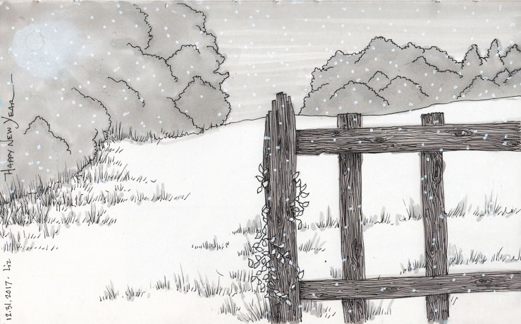 ink sketch of a fence and field, trees in the distance