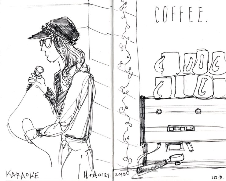 ink drawing of someone singing karaoke