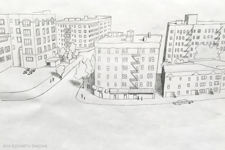 drawing of buildings from aerial view