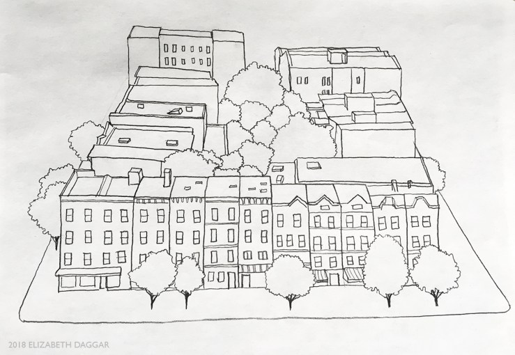 drawing of buildings from aerial view