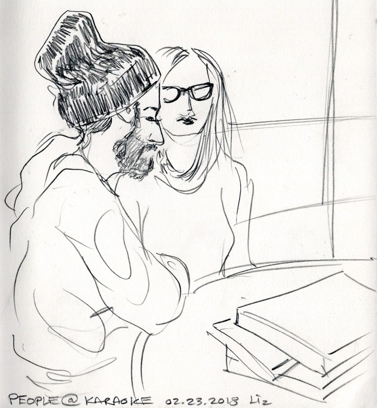 pencil sketch of people at the diner