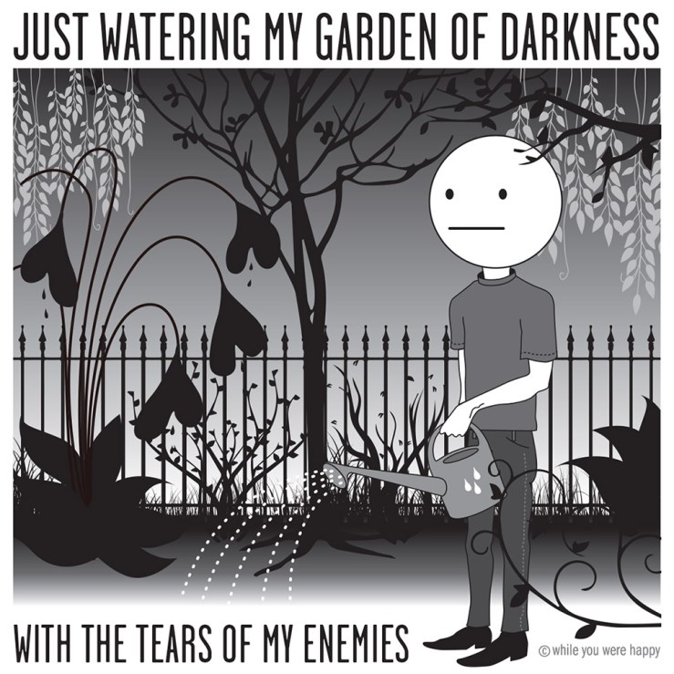 Cartoon of a nonplussed emoji watering a creepy garden