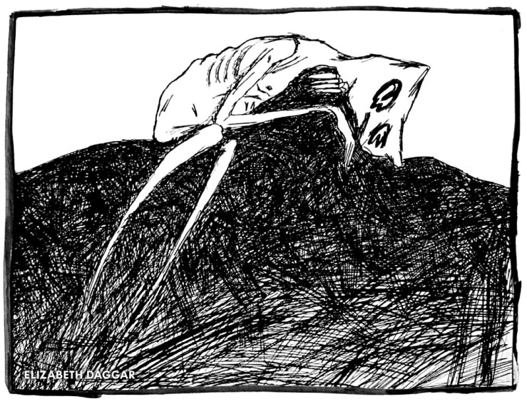 ink drawing of a sick thing on the rocks