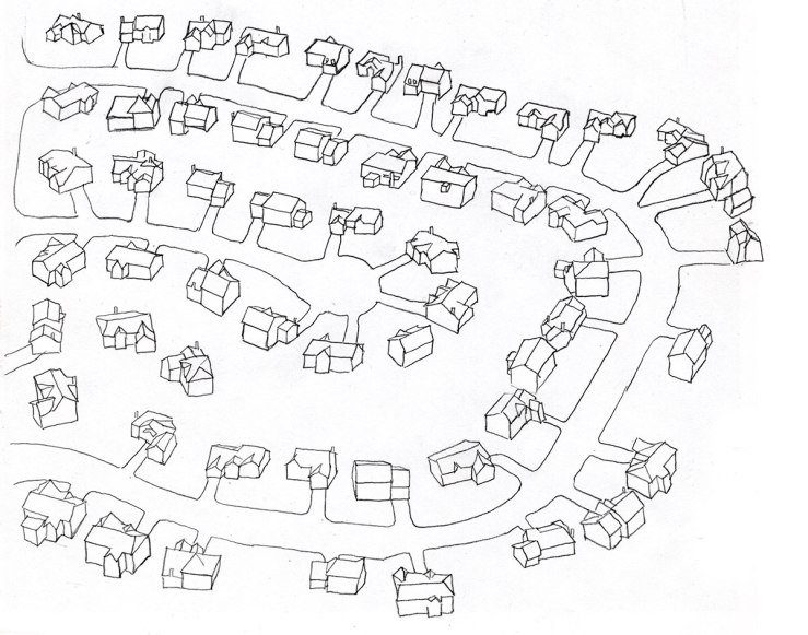 linear drawing of a suburb, view'd from above