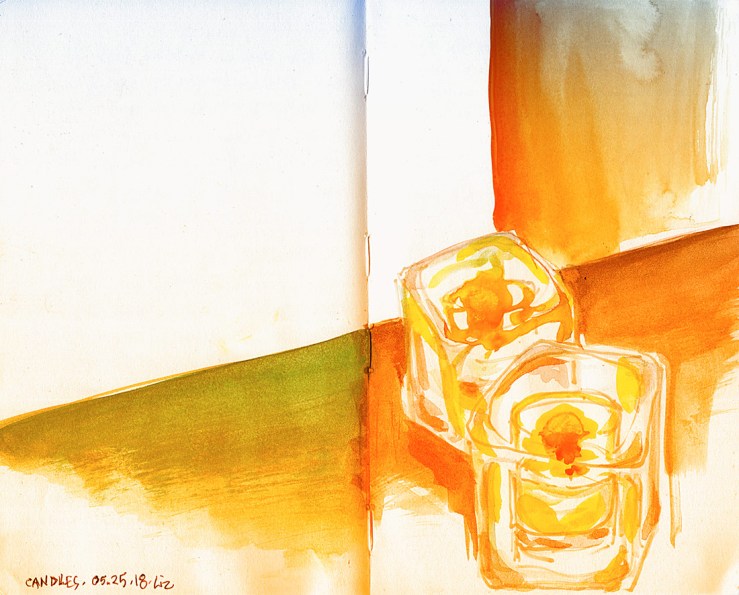 watercolor sketch of some candles, in filtered monochrome color