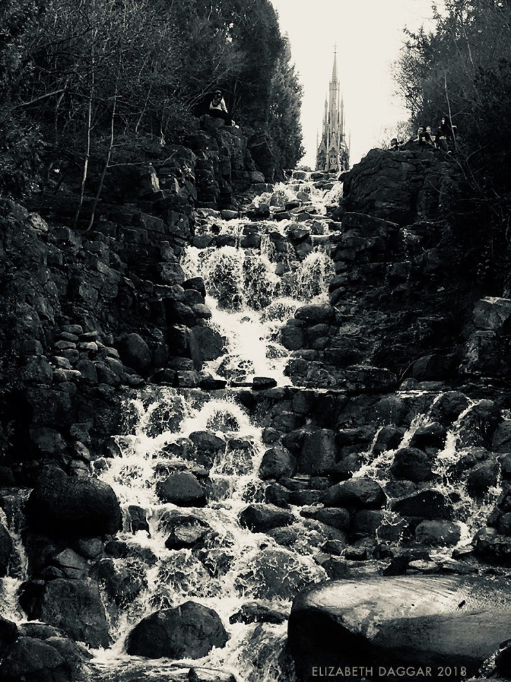 b&w photo of the waterfalls in Viktoria Park, Berlin