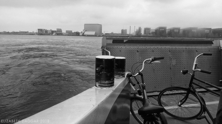 B&W photo of our bikes on the ferry from Centraal Station