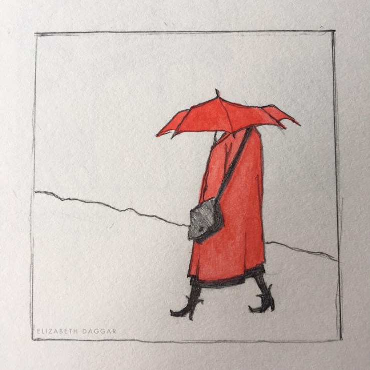 diminutive sketch of a woman with red raincoat and red umbrella