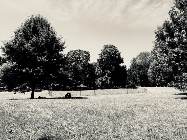 b&w photograph of people in a quiet sunny green park