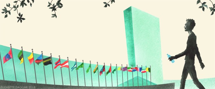 Watercolor illustration of Aquarius at the UN