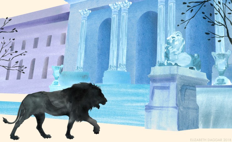 Watercolor illustration of Leo at the NY Public Library