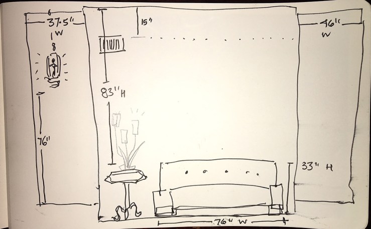 drawing of a wall needing art, w measurements